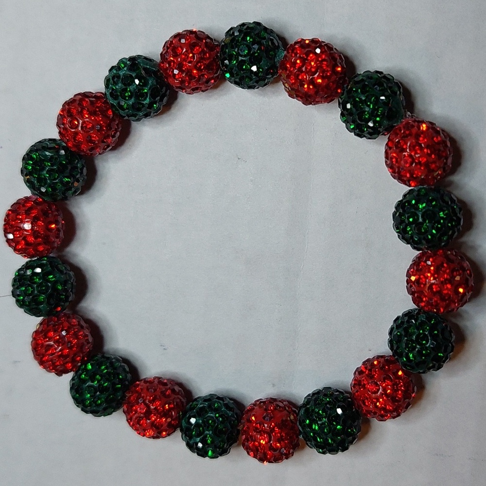 Red/Green Rhinestone 10mm beaded bracelet
